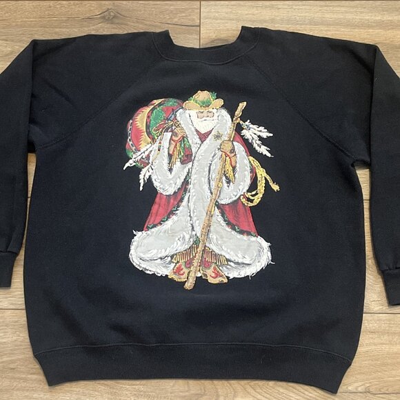 Santa Claus Sweatshirt SZ Medium Black Appliqué Hand Painted Southwestern Vtg - Picture 2 of 10